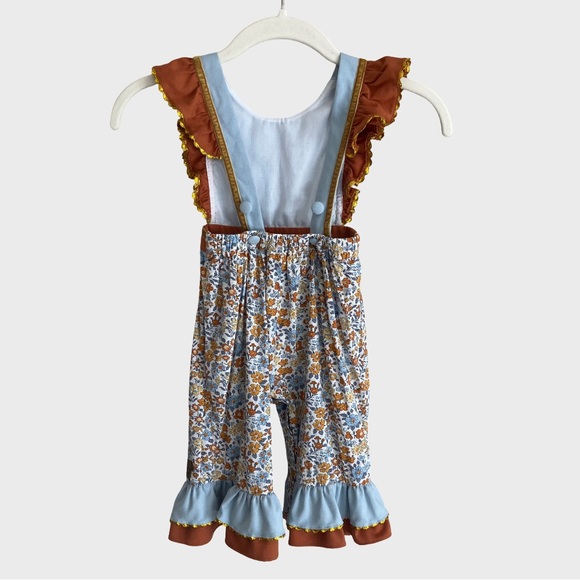 Busy Bee Smocks Honey Floral Ruffle Hem Romper Overalls Blue Rust Gold 18M - Picture 2 of 11